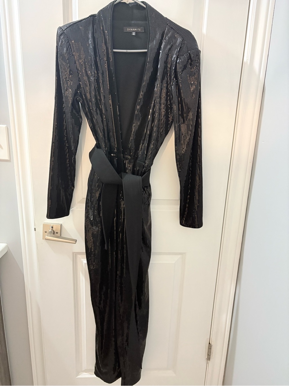 Dynamite Black Sequin Wrap Jumpsuit with Sash